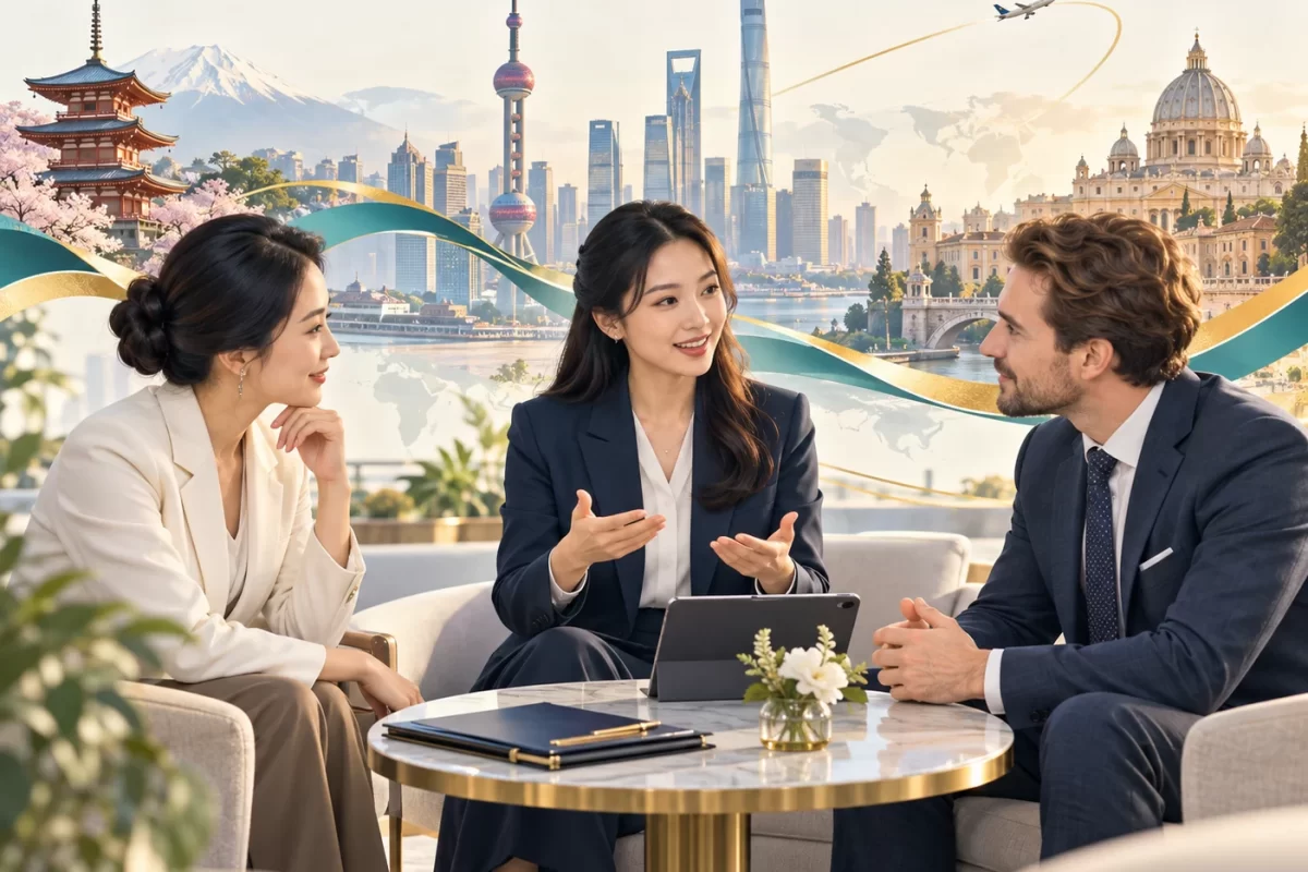 Ba người trao đổi công việc bên bàn họp, phía sau là hình ảnh các thành phố và địa danh nổi tiếng thế giới